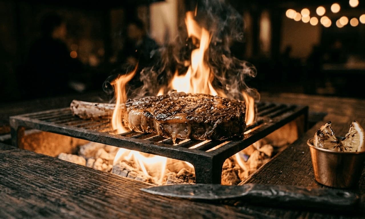 Dry-aged ribeye over white oak fire